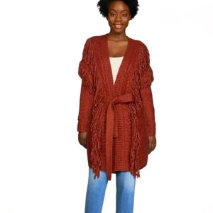 Scoop Fringe Cardigan Sweater with Belt Womens XXL 20 Rust Cinnamon Boho Fall